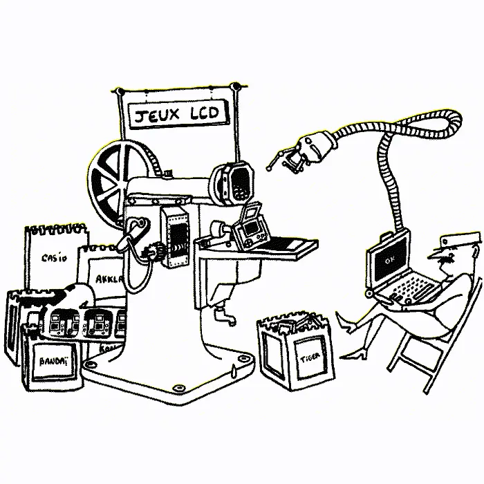 Dessin : une machine à cataloguer les jeux LCD et un collectionneur à son ordinateur